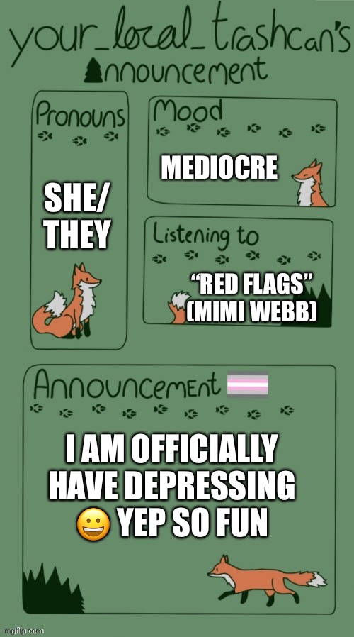 MEDIOCRE; SHE/ THEY; “RED FLAGS” (MIMI WEBB); I AM OFFICIALLY HAVE DEPRESSING 😀 YEP SO FUN | made w/ Imgflip meme maker