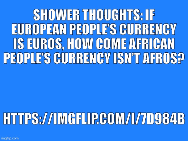 Idk | SHOWER THOUGHTS: IF EUROPEAN PEOPLE’S CURRENCY IS EUROS, HOW COME AFRICAN PEOPLE’S CURRENCY ISN’T AFROS? HTTPS://IMGFLIP.COM/I/7D984B | image tagged in idk | made w/ Imgflip meme maker