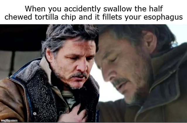 Eating Tortilla Chips | When you accidently swallow the half chewed tortilla chip and it fillets your esophagus | image tagged in chips,pain,pedro,pascal,last of us | made w/ Imgflip meme maker