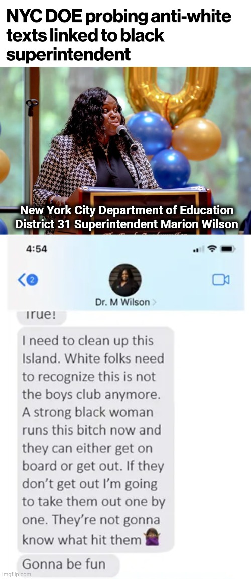Racist democrat | New York City Department of Education District 31 Superintendent Marion Wilson | image tagged in memes,democrats,new york city,department of education,racism | made w/ Imgflip meme maker