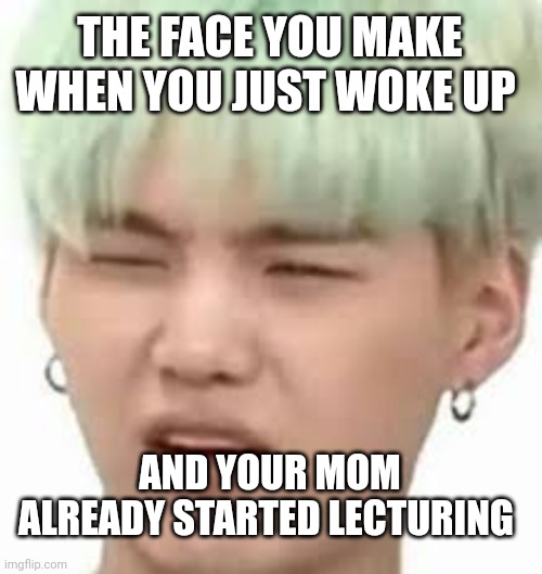 My face reaction everyday | THE FACE YOU MAKE WHEN YOU JUST WOKE UP; AND YOUR MOM ALREADY STARTED LECTURING | image tagged in army,bts | made w/ Imgflip meme maker