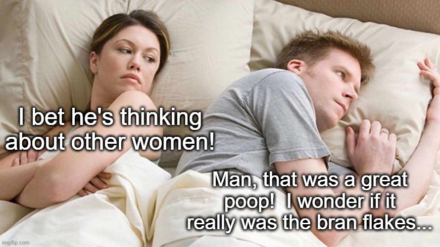 I Bet He's Thinking About Other Women Meme | I bet he's thinking about other women! Man, that was a great poop!  I wonder if it really was the bran flakes... | image tagged in memes,i bet he's thinking about other women,communication,vintage husband and wife,real housewives,thoroughly modern marriage | made w/ Imgflip meme maker
