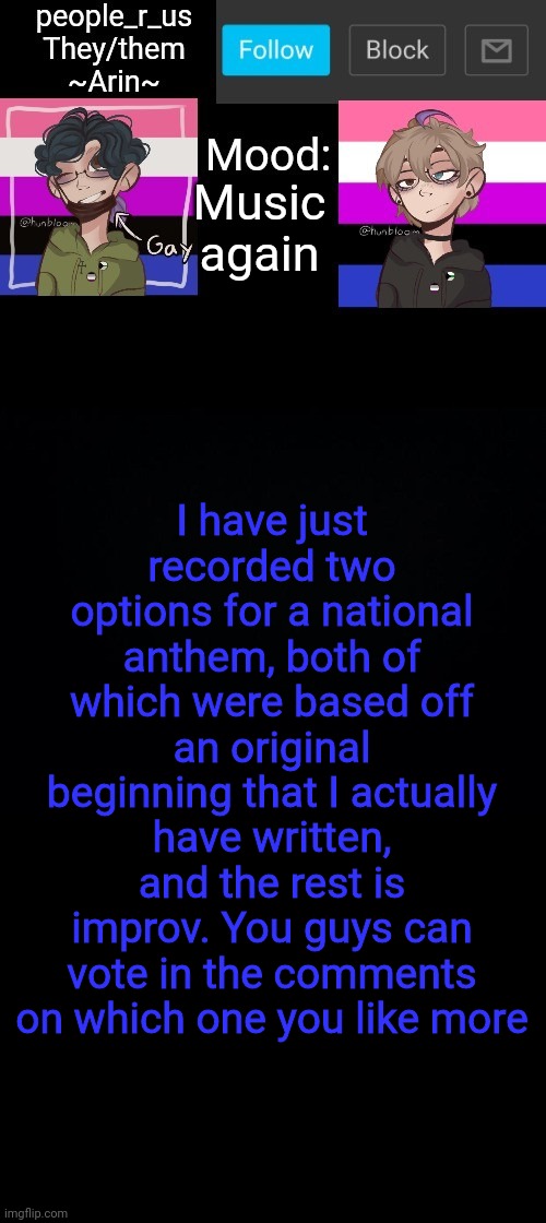 people _r_us announcement template v. 2.784 | Music again; I have just recorded two options for a national anthem, both of which were based off an original beginning that I actually have written, and the rest is improv. You guys can vote in the comments on which one you like more | image tagged in people _r_us announcement template v 2 784 | made w/ Imgflip meme maker