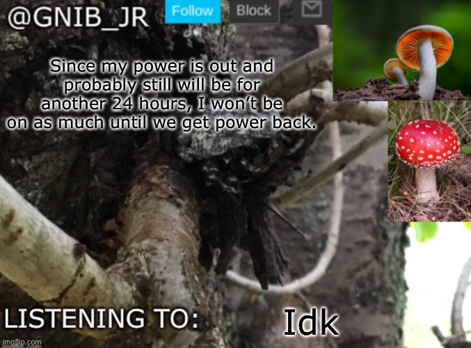 I might still be on periodically, but not as much | Since my power is out and probably still will be for another 24 hours, I won’t be on as much until we get power back. Idk | image tagged in gnib_jr's new temp | made w/ Imgflip meme maker