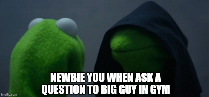 newbie you when ask a question to big guy in gym | NEWBIE YOU WHEN ASK A QUESTION TO BIG GUY IN GYM | image tagged in memes,evil kermit,gym,steroids | made w/ Imgflip meme maker