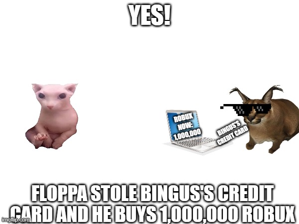 now is rich YES! | YES! ROBUX NOW: 1,000,000; BINGUS'S CREDIT CARD; FLOPPA STOLE BINGUS'S CREDIT CARD AND HE BUYS 1,000,000 ROBUX | image tagged in floppa,credit card | made w/ Imgflip meme maker