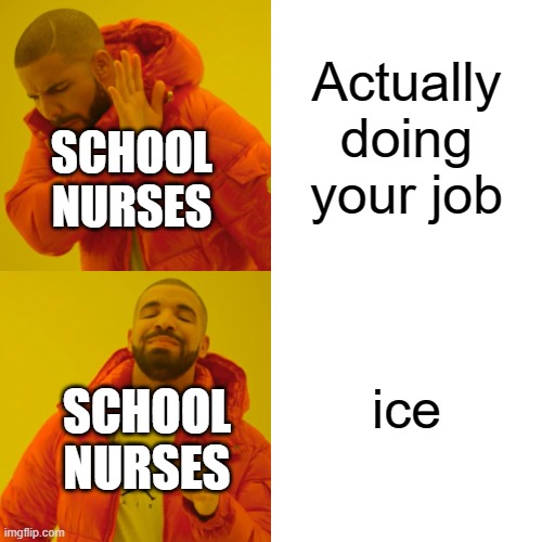 Drake Hotline Bling | Actually doing your job; SCHOOL NURSES; ice; SCHOOL NURSES | image tagged in memes,drake hotline bling | made w/ Imgflip meme maker