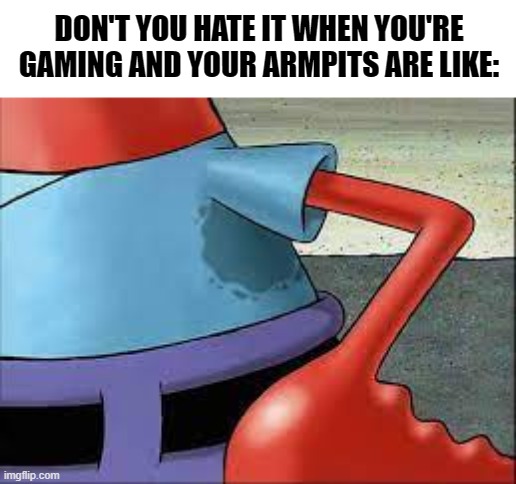 uh oh stinky | DON'T YOU HATE IT WHEN YOU'RE GAMING AND YOUR ARMPITS ARE LIKE: | image tagged in mr krabs,sweat,gaming,smelly,memes | made w/ Imgflip meme maker