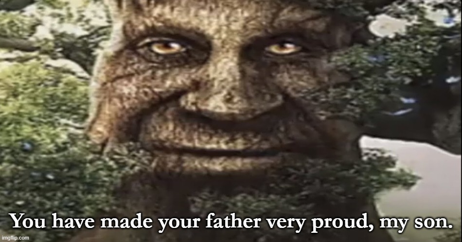Wise mystical tree | You have made your father very proud, my son. | image tagged in wise mystical tree | made w/ Imgflip meme maker