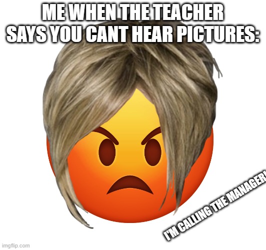 CALLING THE MANAGER | ME WHEN THE TEACHER SAYS YOU CANT HEAR PICTURES:; I'M CALLING THE MANAGER! | image tagged in karens,school,funny | made w/ Imgflip meme maker