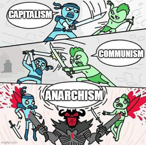 Take A Third Option | CAPITALISM; COMMUNISM; ANARCHISM | image tagged in sword fight,capitalism,communism,anarchism,third option,3rd option | made w/ Imgflip meme maker