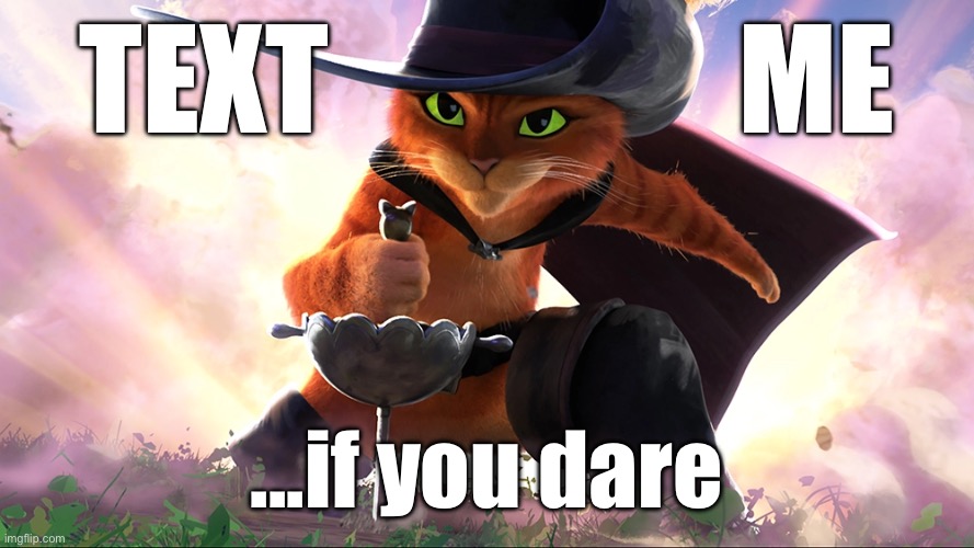 Text me...   if you dare | TEXT                 ME; ...if you dare | image tagged in puss in boots | made w/ Imgflip meme maker