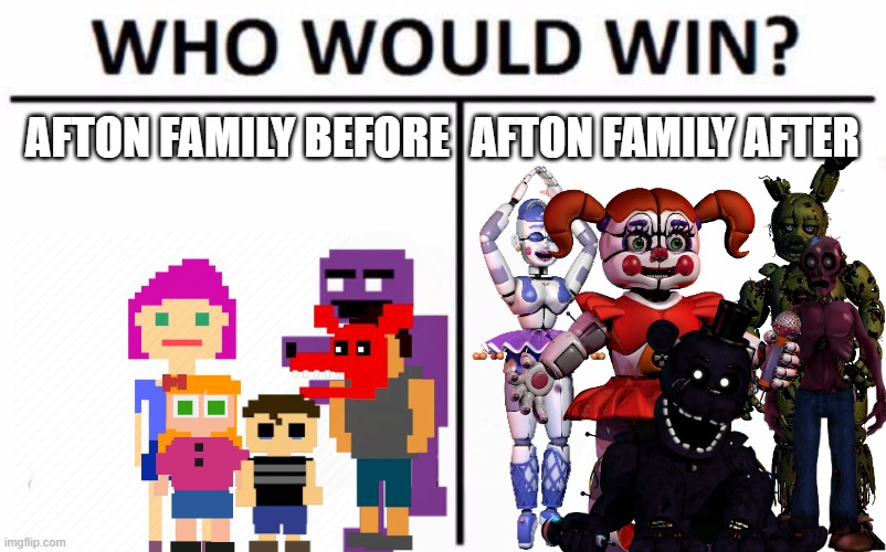 Springlock failure | AFTON FAMILY BEFORE; AFTON FAMILY AFTER | image tagged in who would win | made w/ Imgflip meme maker