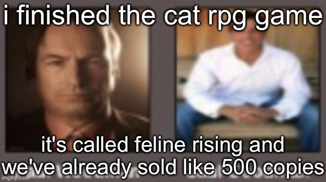 paul vs saul | i finished the cat rpg game; it's called feline rising and we've already sold like 500 copies | image tagged in paul vs saul | made w/ Imgflip meme maker