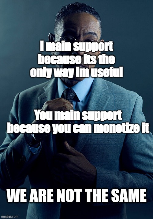 We are not the same | I main support because its the only way Im useful; You main support because you can monetize it | image tagged in we are not the same | made w/ Imgflip meme maker