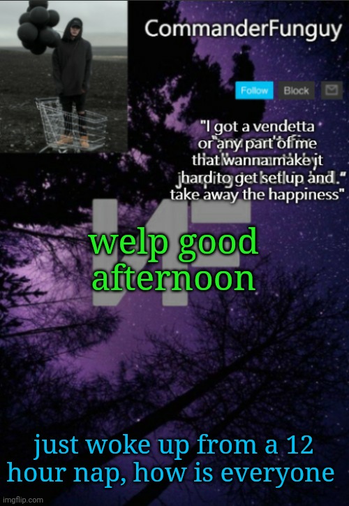 Hai | welp good afternoon; just woke up from a 12 hour nap, how is everyone | image tagged in commanderfunguy nf template thx yachi | made w/ Imgflip meme maker