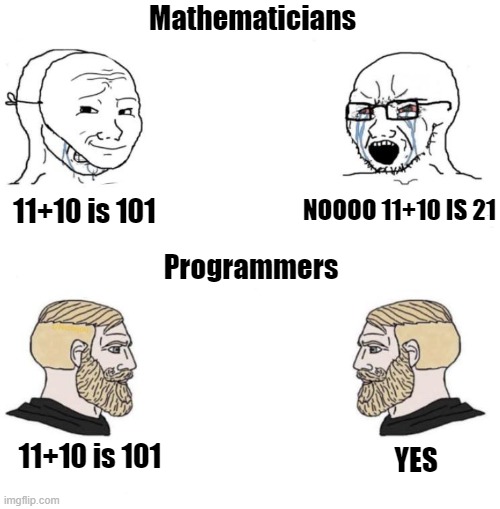 Mathematicians denying the truth | Mathematicians; NOOOO 11+10 IS 21; 11+10 is 101; Programmers; 11+10 is 101; YES | image tagged in soyboy vs chad yes double | made w/ Imgflip meme maker