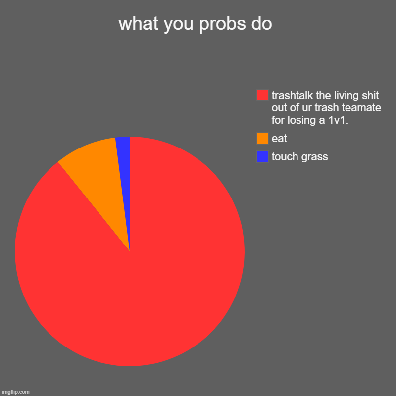 what 3 quarters of gamers do. | what you probs do | touch grass, eat, trashtalk the living shit out of ur trash teamate for losing a 1v1. | image tagged in charts,pie charts | made w/ Imgflip chart maker