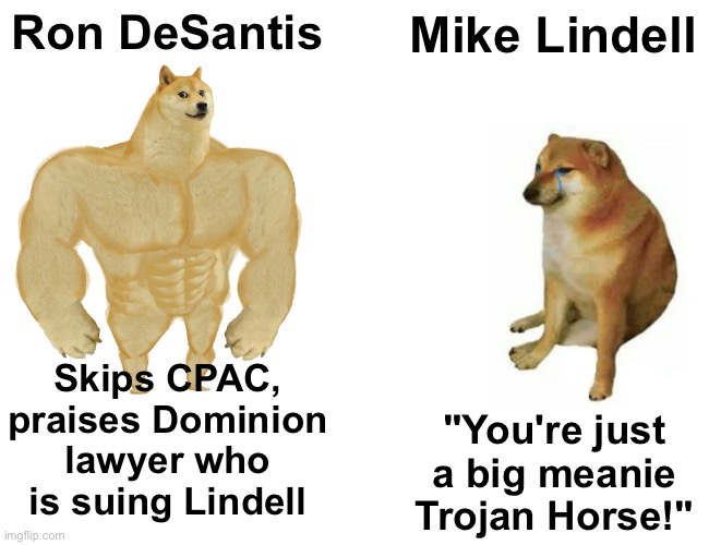 Mike Lindell is like the biggest crybaby in politics today | Ron DeSantis; Mike Lindell; Skips CPAC, praises Dominion lawyer who is suing Lindell; "You're just a big meanie Trojan Horse!" | image tagged in memes,buff doge vs cheems | made w/ Imgflip meme maker