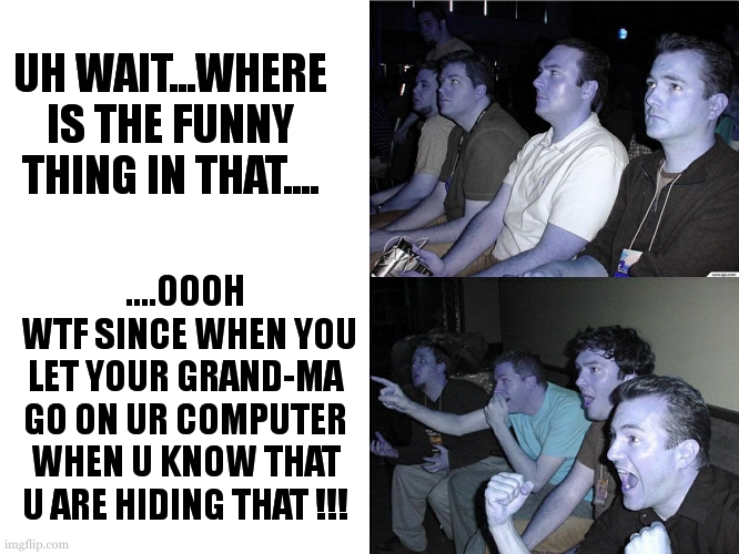 Reaction Guys | UH WAIT...WHERE IS THE FUNNY THING IN THAT.... ....OOOH
 WTF SINCE WHEN YOU LET YOUR GRAND-MA GO ON UR COMPUTER WHEN U KNOW THAT U ARE HIDIN | image tagged in reaction guys | made w/ Imgflip meme maker