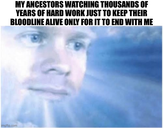 In heaven looking down | MY ANCESTORS WATCHING THOUSANDS OF YEARS OF HARD WORK JUST TO KEEP THEIR BLOODLINE ALIVE ONLY FOR IT TO END WITH ME | image tagged in in heaven looking down | made w/ Imgflip meme maker