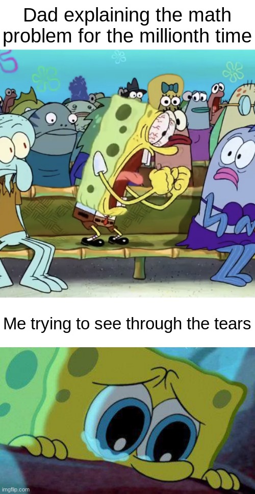 Use google instead and you won't suffer. | Dad explaining the math problem for the millionth time; Me trying to see through the tears | image tagged in memes,funny,relatable,spongebob yelling,sad spongebob,homework | made w/ Imgflip meme maker