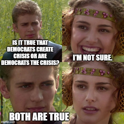 Anakin Padme 4 Panel | IS IT TRUE THAT DEMOCRATS CREATE CRISIS OR ARE DEMOCRATS THE CRISIS? I'M NOT SURE. BOTH ARE TRUE | image tagged in anakin padme 4 panel | made w/ Imgflip meme maker