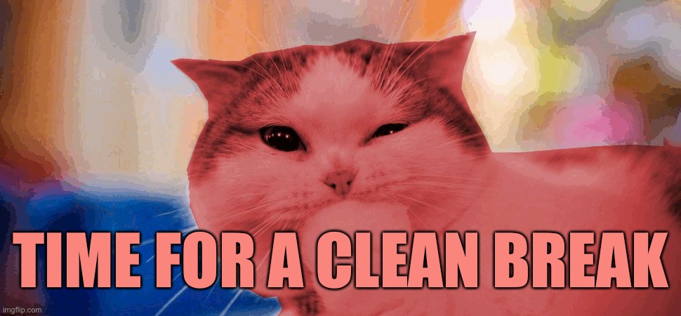 RayCat laughing | TIME FOR A CLEAN BREAK | image tagged in raycat laughing | made w/ Imgflip meme maker
