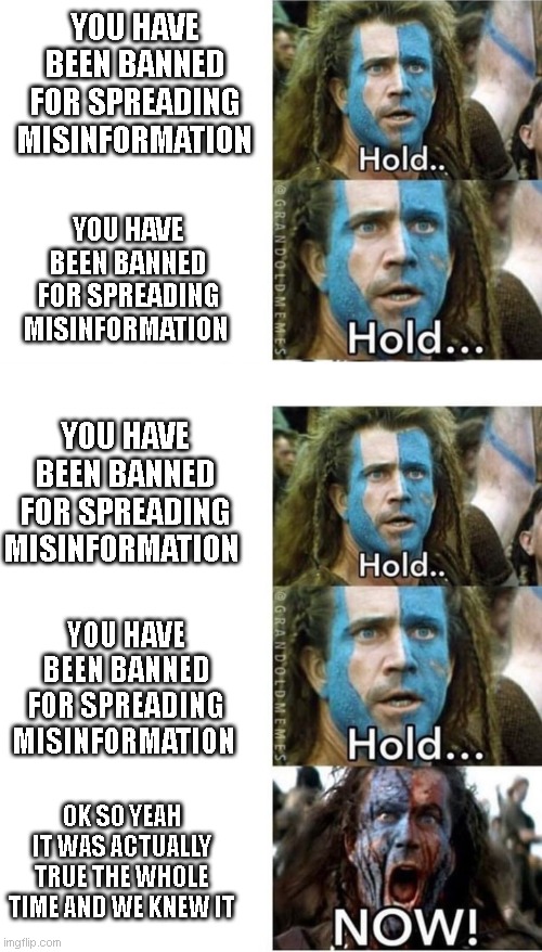 YOU HAVE BEEN BANNED FOR SPREADING MISINFORMATION; YOU HAVE BEEN BANNED FOR SPREADING MISINFORMATION; YOU HAVE BEEN BANNED FOR SPREADING MISINFORMATION; YOU HAVE BEEN BANNED FOR SPREADING MISINFORMATION; OK SO YEAH IT WAS ACTUALLY TRUE THE WHOLE TIME AND WE KNEW IT | image tagged in braveheart william wallace hold | made w/ Imgflip meme maker