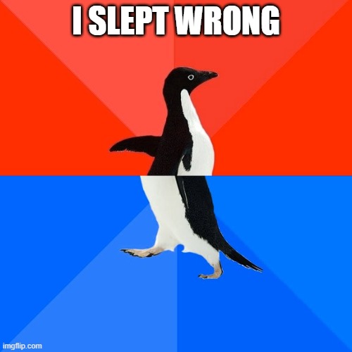 Socially Awesome Awkward Penguin | I SLEPT WRONG | image tagged in memes,socially awesome awkward penguin | made w/ Imgflip meme maker