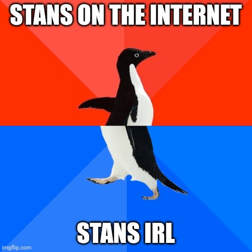 Every stans ever | STANS ON THE INTERNET; STANS IRL | image tagged in memes,socially awesome awkward penguin | made w/ Imgflip meme maker