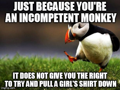Unpopular Opinion Puffin Meme | JUST BECAUSE YOU'RE AN INCOMPETENT MONKEY IT DOES NOT GIVE YOU THE RIGHT TO TRY AND PULL A GIRL'S SHIRT DOWN | image tagged in memes,unpopular opinion puffin,AdviceAnimals | made w/ Imgflip meme maker