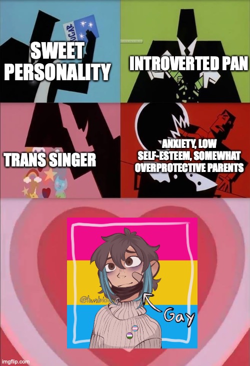 Hoppin again to this trend?? | SWEET PERSONALITY; INTROVERTED PAN; ANXIETY, LOW SELF-ESTEEM, SOMEWHAT OVERPROTECTIVE PARENTS; TRANS SINGER | image tagged in power puff girls | made w/ Imgflip meme maker