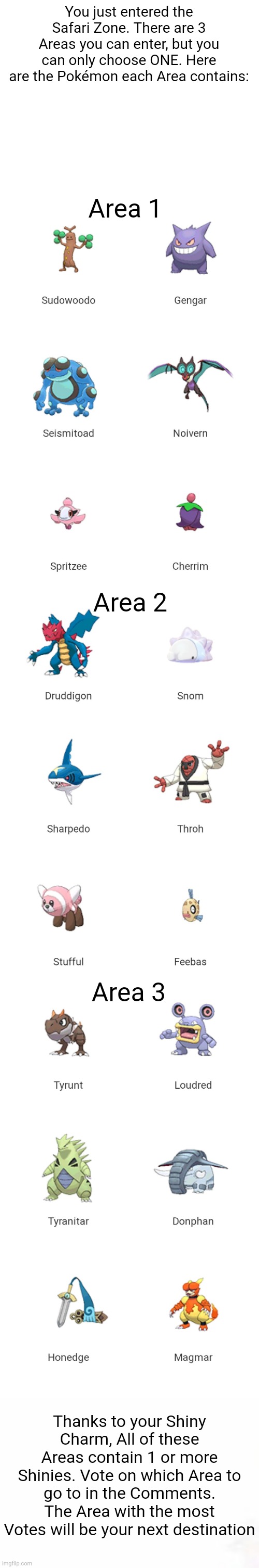 You just entered the Safari Zone. There are 3 Areas you can enter, but you can only choose ONE. Here are the Pokémon each Area contains:; Area 1; Area 2; Area 3; Thanks to your Shiny Charm, All of these Areas contain 1 or more Shinies. Vote on which Area to go to in the Comments. The Area with the most Votes will be your next destination | made w/ Imgflip meme maker