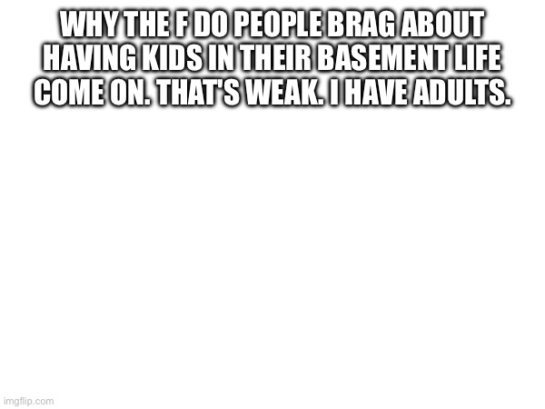 WHY THE F DO PEOPLE BRAG ABOUT HAVING KIDS IN THEIR BASEMENT LIFE COME ON. THAT'S WEAK. I HAVE ADULTS. | image tagged in kidnapping,kidnap | made w/ Imgflip meme maker