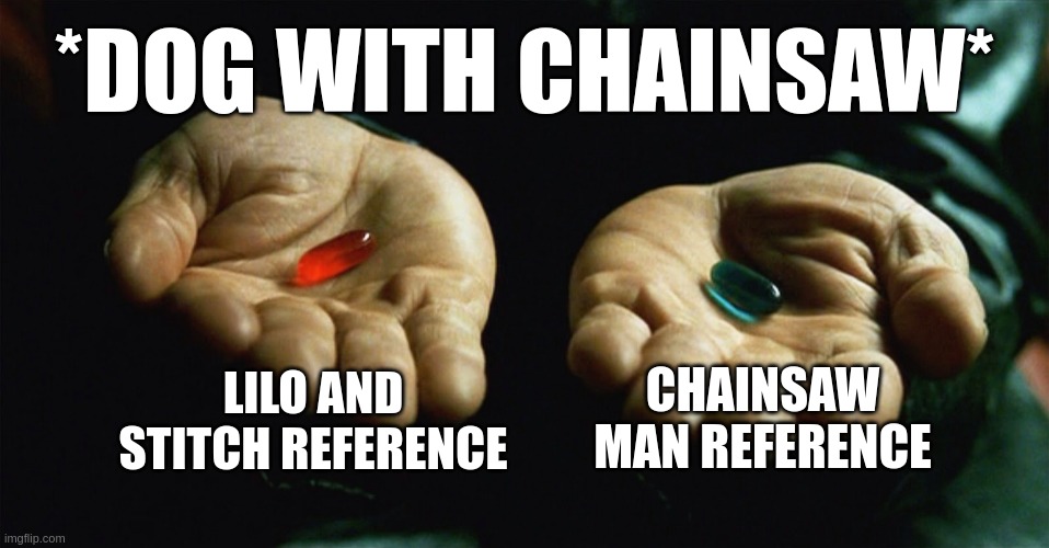 Red pill blue pill | *DOG WITH CHAINSAW*; LILO AND STITCH REFERENCE; CHAINSAW MAN REFERENCE | image tagged in red pill blue pill | made w/ Imgflip meme maker