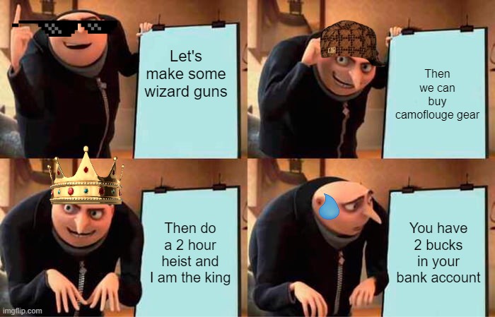 Gru's Plan Meme | Let's make some wizard guns; Then we can buy camoflouge gear; Then do a 2 hour heist and I am the king; You have 2 bucks in your bank account | image tagged in memes,gru's plan | made w/ Imgflip meme maker