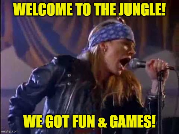 Axl Rose | WELCOME TO THE JUNGLE! WE GOT FUN & GAMES! | image tagged in axl rose | made w/ Imgflip meme maker