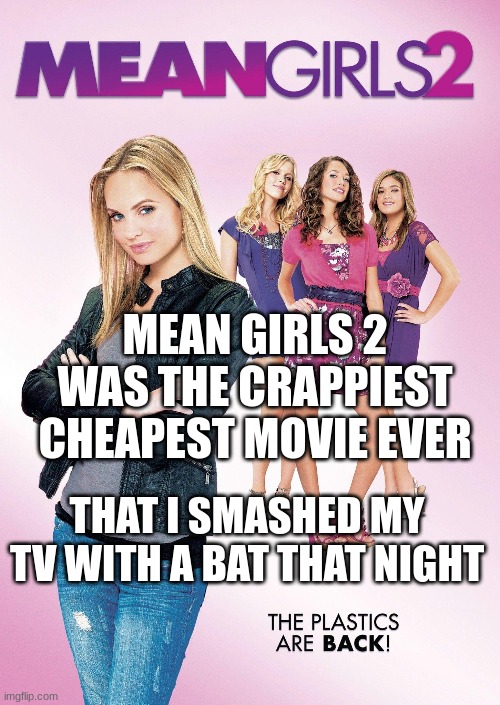 you can stream it on hulu if you don't believe me it is so cringey that it is funny | MEAN GIRLS 2 WAS THE CRAPPIEST CHEAPEST MOVIE EVER; THAT I SMASHED MY TV WITH A BAT THAT NIGHT | image tagged in mean girls | made w/ Imgflip meme maker