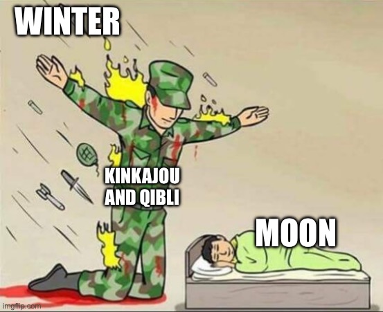 Soldier protecting sleeping child | WINTER; KINKAJOU AND QIBLI; MOON | image tagged in soldier protecting sleeping child | made w/ Imgflip meme maker