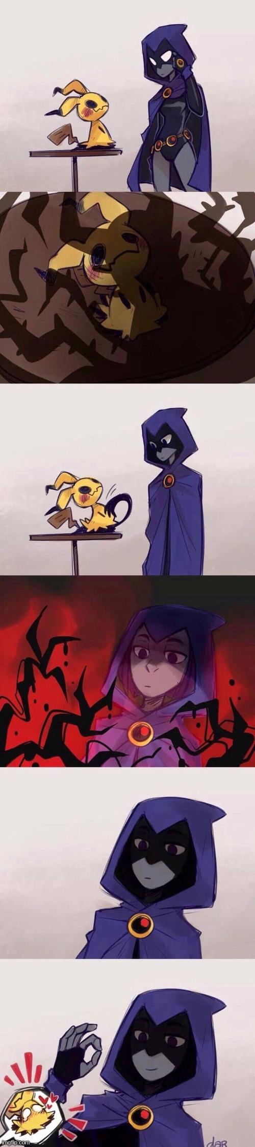 Under the hoods (Art by Dar Draws) | image tagged in teen titans,pokemon,raven,mimikyu,crossover | made w/ Imgflip meme maker