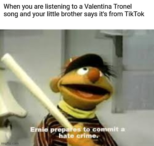 How dare you insult my beautiful Valentina Tronel! | When you are listening to a Valentina Tronel song and your little brother says it's from TikTok | image tagged in ernie prepares to commit a hate crime,valentina tronel,tiktok sucks | made w/ Imgflip meme maker