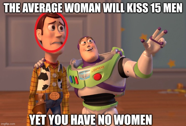 NO WOMMEN | THE AVERAGE WOMAN WILL KISS 15 MEN; YET YOU HAVE NO WOMEN | image tagged in memes,x x everywhere | made w/ Imgflip meme maker