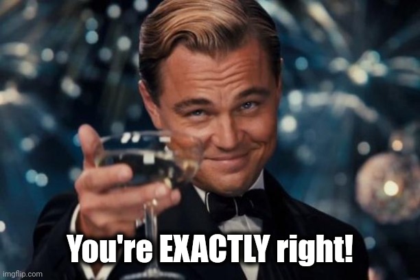 Leonardo Dicaprio Cheers Meme | You're EXACTLY right! | image tagged in memes,leonardo dicaprio cheers | made w/ Imgflip meme maker