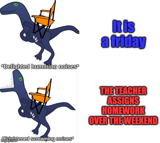 Delighted humming frightened screaming | It is a friday; THE TEACHER ASSIGNS HOMEWORK OVER THE WEEKEND | image tagged in delighted humming frightened screaming | made w/ Imgflip meme maker