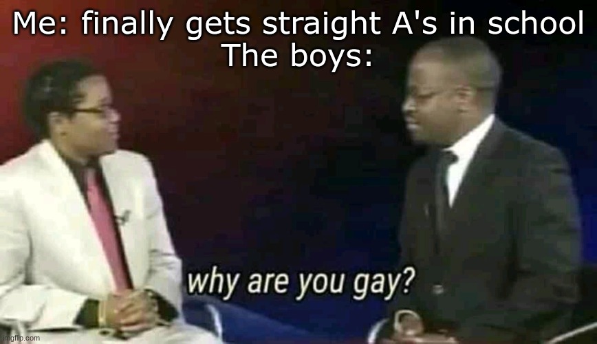 Why are you gay? | Me: finally gets straight A's in school
The boys: | image tagged in why are you gay | made w/ Imgflip meme maker