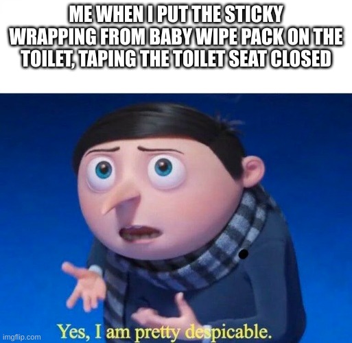 sticky wraper | ME WHEN I PUT THE STICKY WRAPPING FROM BABY WIPE PACK ON THE TOILET, TAPING THE TOILET SEAT CLOSED | image tagged in memes | made w/ Imgflip meme maker