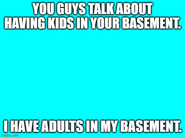 YOU GUYS TALK ABOUT HAVING KIDS IN YOUR BASEMENT. I HAVE ADULTS IN MY BASEMENT. | made w/ Imgflip meme maker