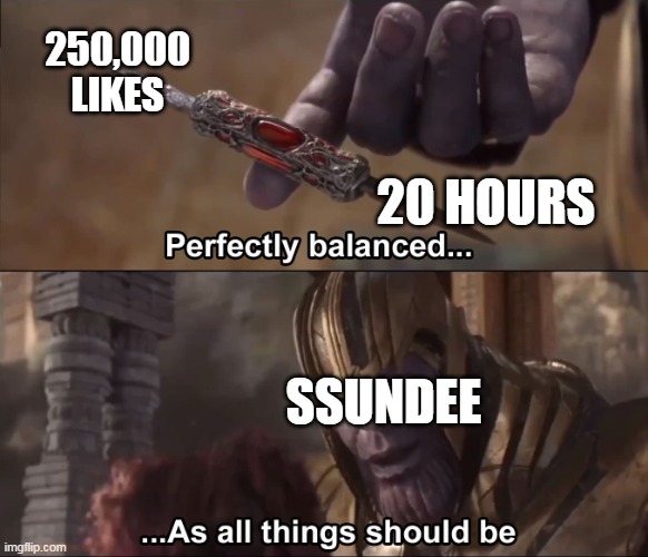 SSundee video goals be like... | 250,000 LIKES; 20 HOURS; SSUNDEE | image tagged in thanos perfectly balanced as all things should be,SSundeeReddit | made w/ Imgflip meme maker