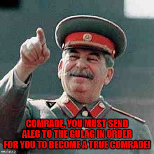 Okay stalin... | COMRADE, YOU MUST SEND ALEC TO THE GULAG IN ORDER FOR YOU TO BECOME A TRUE COMRADE! | image tagged in stalin,falec sucks,memes,joseph stalin,comrade,funny | made w/ Imgflip meme maker